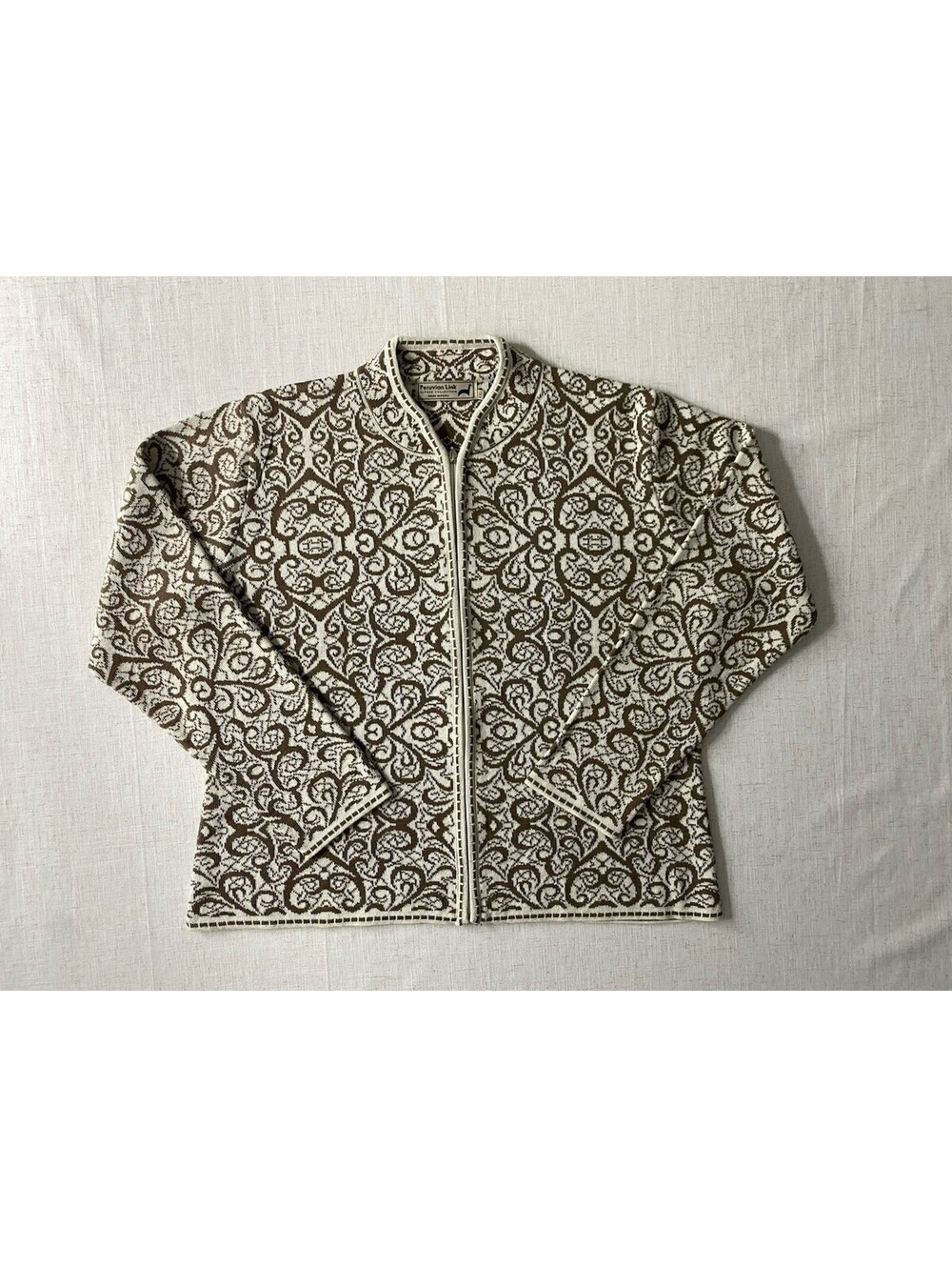 Peruvian Link Alpaca Blend Cardigan Sweater Jacket Womens XXL Brown Damask Zip